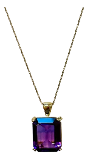 14 Ct Emerald Cut Amethyst Pendant/Neck 18Kt Gold + 14 Kt Yellow Gold Chain