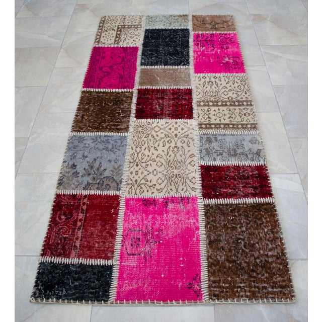 Hand-Knotted Turkish Rug Handstitched Vibrant Pink & Red Floor Art Room Decor - 2'11" X 6'5" For Sale - Image 14 of 18