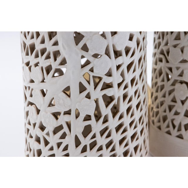 Metal Mid 20th Century White Pierced Ceramic Pendant Lights With Brass Hardware - a Pair For Sale - Image 7 of 11