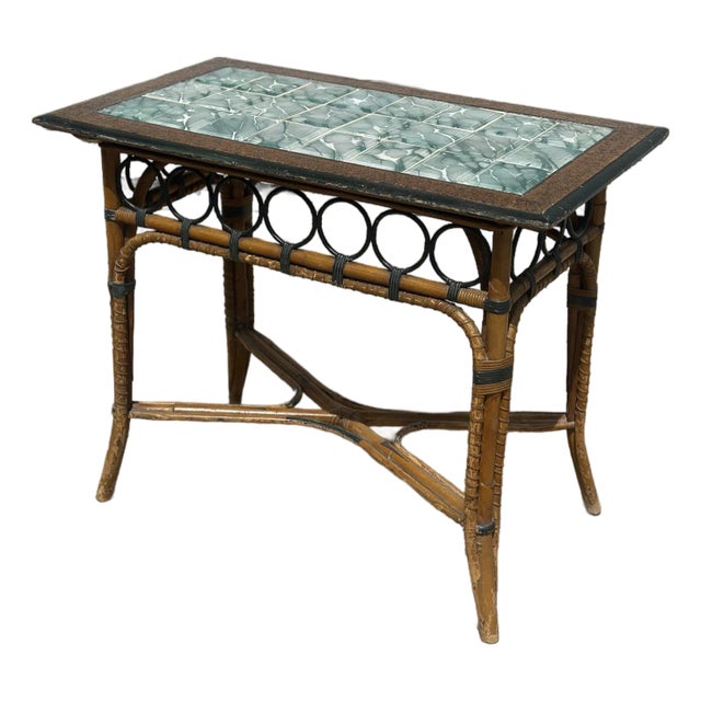 British Colonial Antique Tile Top Bamboo Table For Sale