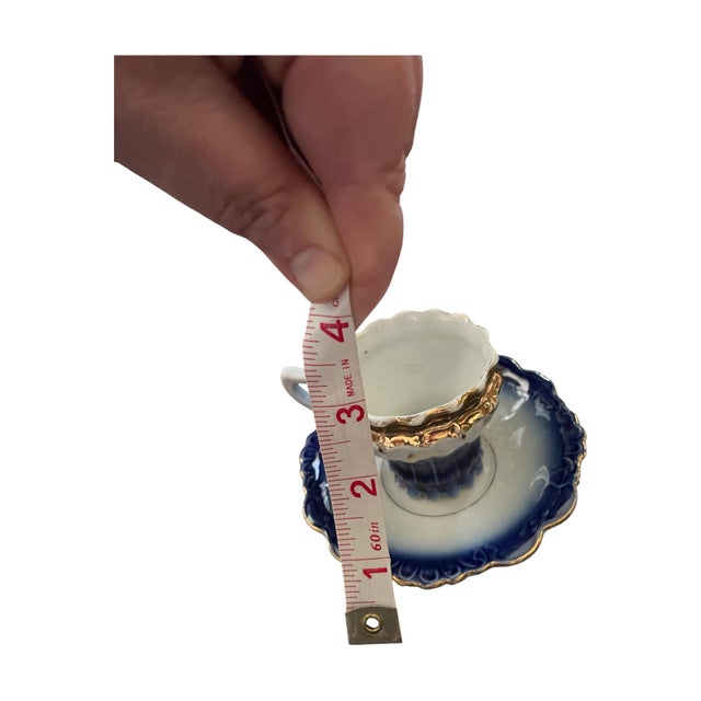 Blue Vintage/Antique German Cobalt Flow Blue/Gold Demitasse Mini Teacup & Saucer For Sale - Image 8 of 8