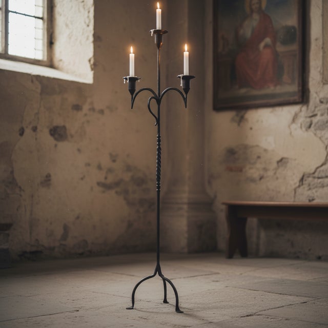 Rustic Hand Forged Iron Floor Candelabra 50.5″ (128cm) Antique Copper Patina 3-Arm Twist & Scroll Design Rustic Wedding Decor For Sale - Image 3 of 7