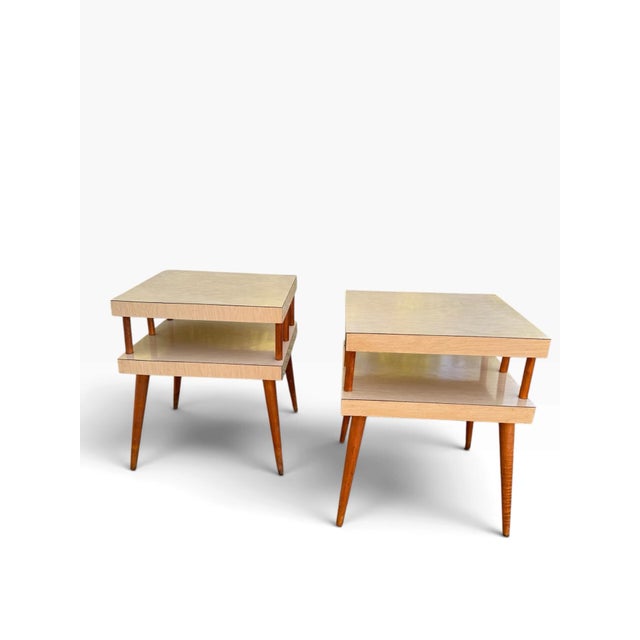 Wood Vintage MCM End Tables Pair Two Tier Formica Tapered Legs Brass Feet For Sale - Image 7 of 8