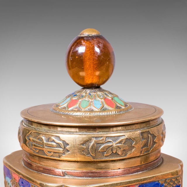 Pair of Small Antique Champleve Tea Caddies, Oriental Spice Pot, Edwardian, 1910 For Sale - Image 9 of 12