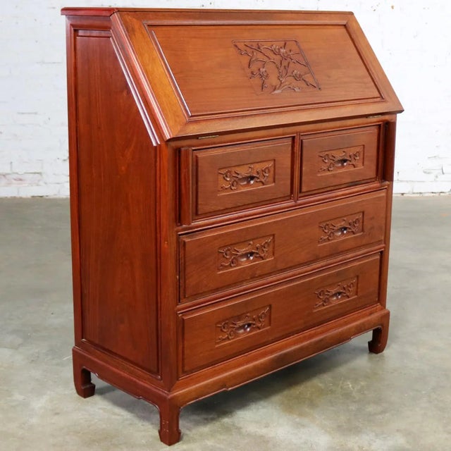 Vintage Asian Desk Teak Hand Carved Drop Front Compartmentalized Style of George Zee For Sale - Image 13 of 13