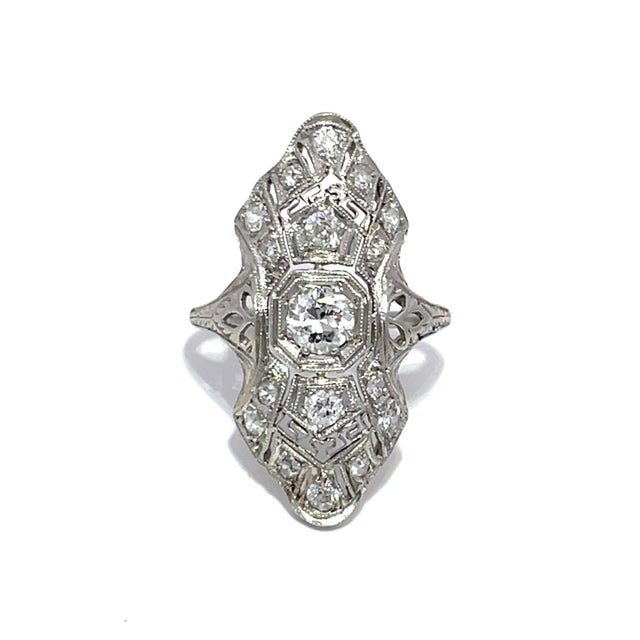 Art Deco Antique Art Deco Platinum Diamond Filigree Cocktail Ring, Size 5 For Sale - Image 3 of 8