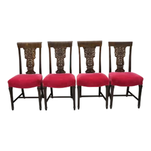 Early 1900s Antique Edwardian Floral Carved Mahogany Red Mohair Dining Chairs - Set of 4