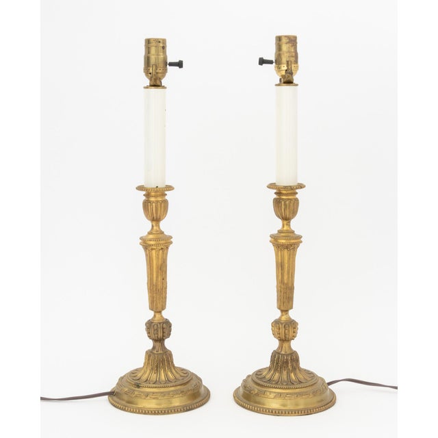 Mid 20th Century Pair of Louis XVI Style Gilt Brass Candlestick Lamps For Sale - Image 5 of 6