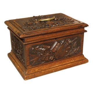 19th Century French Oak Table Coffret Box With Relief Trophy Carvings For Sale