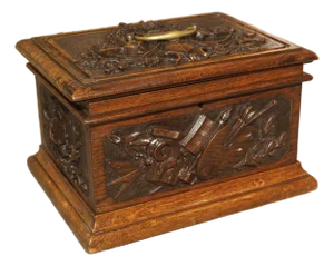 19th Century French Oak Table Coffret Box With Relief Trophy Carvings