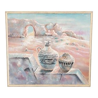 Late 20th Century Large Signed Southwestern Pottery and Desert Landscape Textured Painting on Canvas For Sale