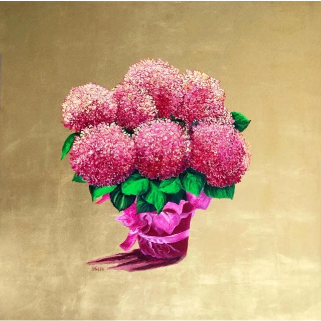 Metal The Gift, Pink and Gold Leaf Painting with Blossoming Bright Flowers, 2020 For Sale - Image 7 of 7