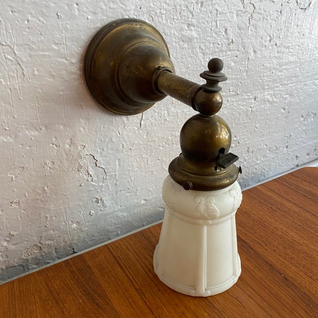 Industrial Antique Industrial Brass Wall Sconce With Frosted Glass Shade For Sale - Image 3 of 13