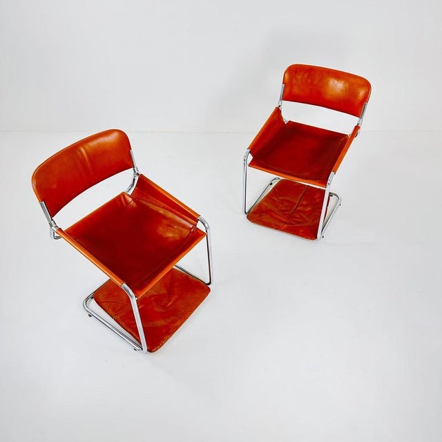 Metal Italian Cognac Leather and Chrome Tubular Sling Chair, 1970s For Sale - Image 7 of 11