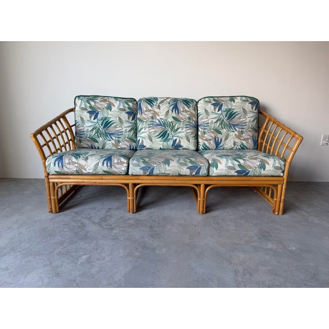 Mid-Century Modern Vintage Ficks Reed Style Bamboo Rattan Sofa With Floral Print Upholstery For Sale - Image 3 of 12