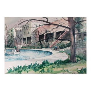 Vintage Mid Century Cityscape Riverwalk Watercolor Painting For Sale