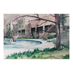 Vintage Mid Century Cityscape Riverwalk Watercolor Painting
