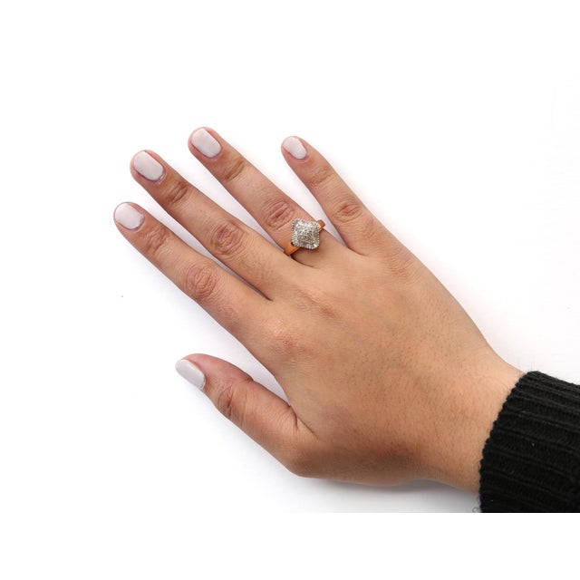 Early 21st Century 10K Yellow Gold 1/2 Cttw Round And Baguette-cut Diamond Rhombus Head and Halo Ring (I-J Color, I1-I2 Clarity) - Ring Size 7 For Sale - Image 5 of 6