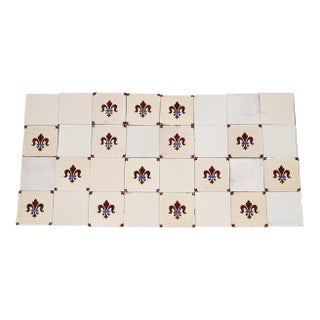 1900s Portuguese Fleur-De-Lis & Plain Antique White Large Antique Tiles Set of 32 For Sale