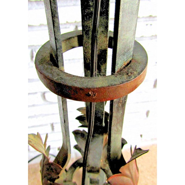 1920s French Art Deco Wrought Iron Scrollwork and Leaves Tripod Floor Lamp and Shade For Sale - Image 11 of 17