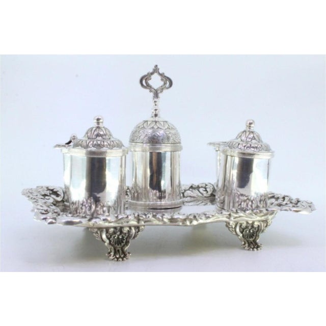Relief Silver and Glass Inkwell with Pen Holders and Claw-Shaped Feet For Sale - Image 4 of 6