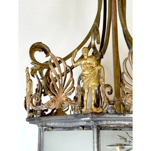 Antique Neoclassical Bronze & Etched Glass Ceiling Lantern For Sale - Image 4 of 11