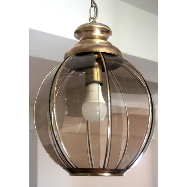 Gray Mid-Century Modern Italian Brass Pendant Light with Smoked Glass, 1970s For Sale - Image 8 of 14