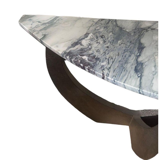 Pair of American Contemporary Hammered Metal Consoles With Mirrors & Marble Tops For Sale - Image 11 of 12