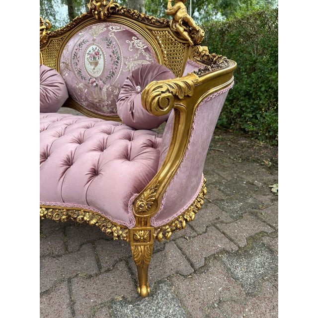 1940 French Louis XVI Gold Beech Rose Velvet Settee For Sale - Image 15 of 18