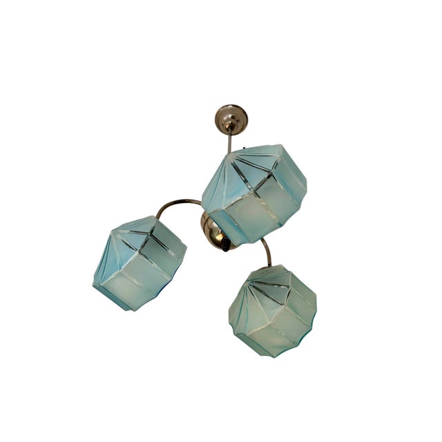 Blue Art Deco 3-Armed Chandelier with Blue Glass Shades, Europe, 1930s For Sale - Image 8 of 11