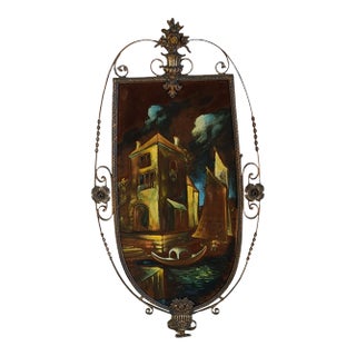 Antique Italian Bronzed Ornate Floral Urn Metal Frame Florentine Painted Venetian Velvet Fabric Wall Hanging Art For Sale