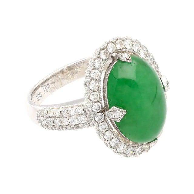 Contemporary Vintage 7.29 Carat Jadeite Jade "A" Ring With Round Diamond Halo & 18k Milgrain Size 6 For Sale - Image 3 of 9