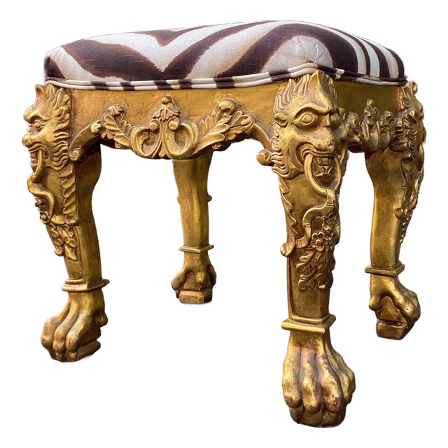 Mid 20th Century Hollywood Regency Giltwood Stool With Figural Carved Legs and Ralph Lauren Zebra Upholstery For Sale