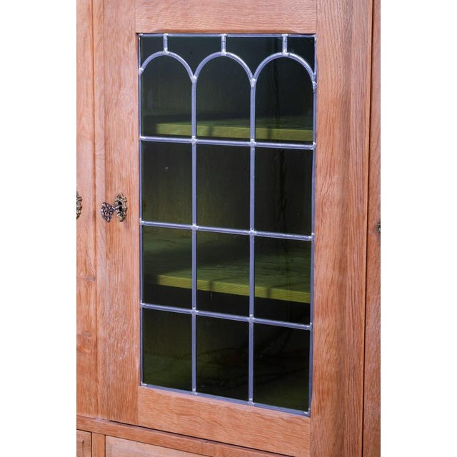 1960s Brutalist Danish Oak Highboard with Leaded Green Glass, 1960s For Sale - Image 5 of 9
