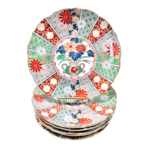 Vintage Japanese Imari 22k Gold Dinner Plates – Hand Painted Japanese Floral Vase Panel Design - Set of 6