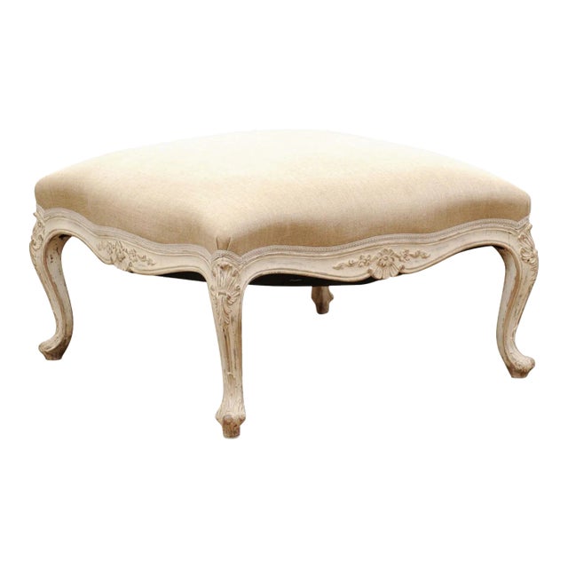 Swedish 19th Century Rococo Style Painted Upholstered Stool with Carved Shells For Sale