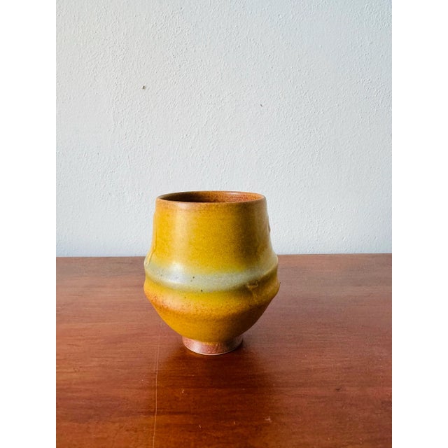 Signed Mustard Yellow and Robins Egg Blue Studio Pottery Vessel For Sale - Image 4 of 8