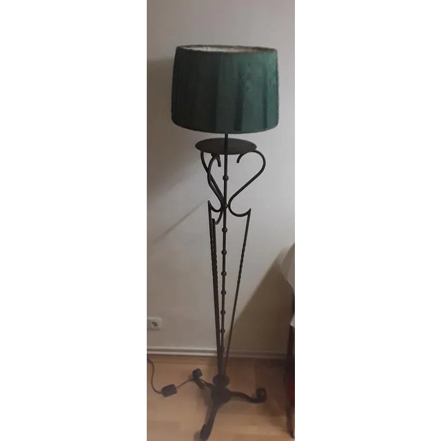 Vintage Floor Lamp with Filigree Iron Frame and Handmade Green Fabric Shade, 1980s For Sale - Image 9 of 9