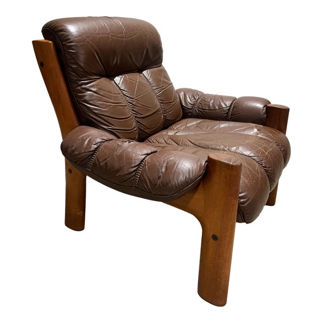 Vintage 1970s Teak and Leather Ekornes Attributed Montana Lounge Chair For Sale