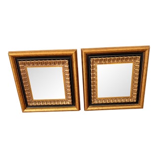 Pair of Vintage 11” X 11” Giltwood Accent Wall Mirrors With Carved Geometric Frames For Sale
