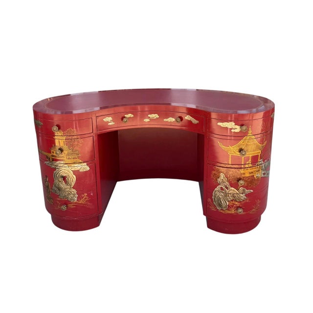 Mid 20th Century Mid Century Red & Gold Chinoiserie Kidney Shaped Vanity or Desk For Sale - Image 5 of 5