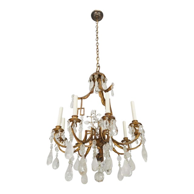 Vintage Restored French Rock Crystal Wrought Iron Chandelier For Sale
