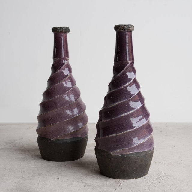 Pair of Vintage Twisted Violet Glazed Terracotta Pottery Vases, Mid 20th Century For Sale - Image 4 of 13