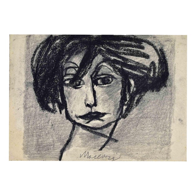 Mino Maccari, Portrait of Woman, Mid-20th Century, Charcoal on Paper For Sale