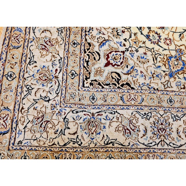 Vintage Persian Nain Area Rug, Hand-Knotted Wool & Silk, Floral Pattern, 5x7, Ivory & Blue For Sale - Image 15 of 16