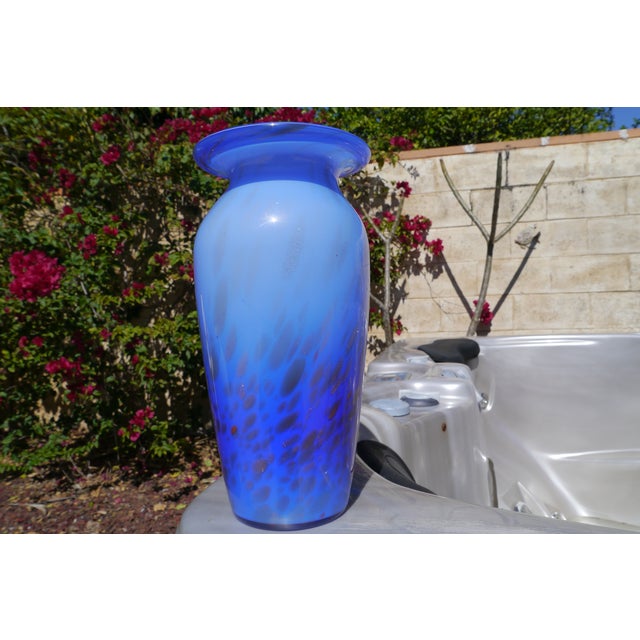 Contemporary Blue Ombre Art Cased Glass Vase With Gold Glitter Drip Swirl Accents Hand Blown For Sale - Image 4 of 13