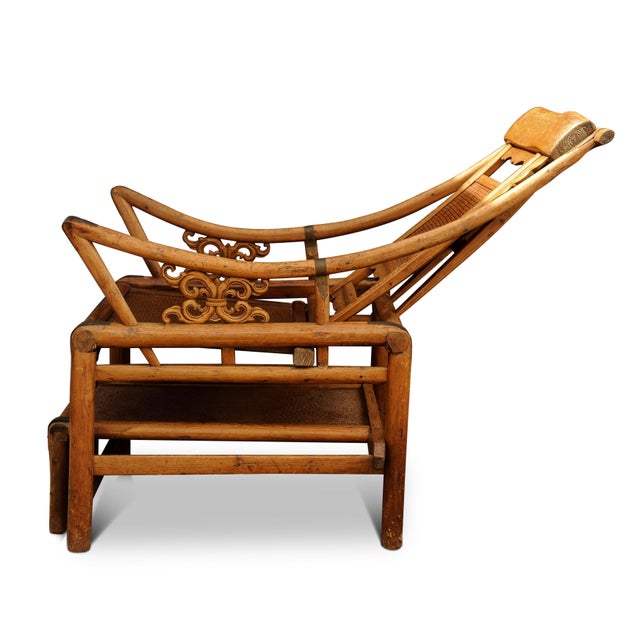 Victorian Wishbone Bamboo & Cane Reclining Armchairs with Pull Out Ottoman, Set of 2 For Sale - Image 3 of 14