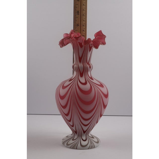 Cranberry & White Swirl Art Glass Vase With Ruffled Rim – Sculptural Decorative Piece For Sale - Image 4 of 6