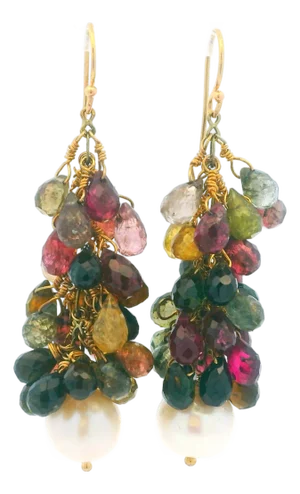 14k Multi-Color Tourmaline Cascade Earrings With Freshwater Pearl Drops, A Pair