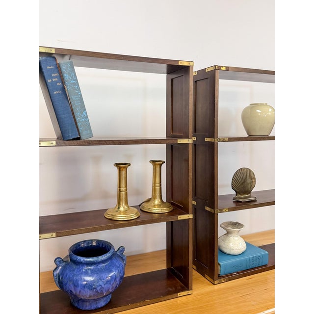 Bombay Company Campaign Style Shelf Pair Brass Trim Vintage Traditional For Sale - Image 17 of 18